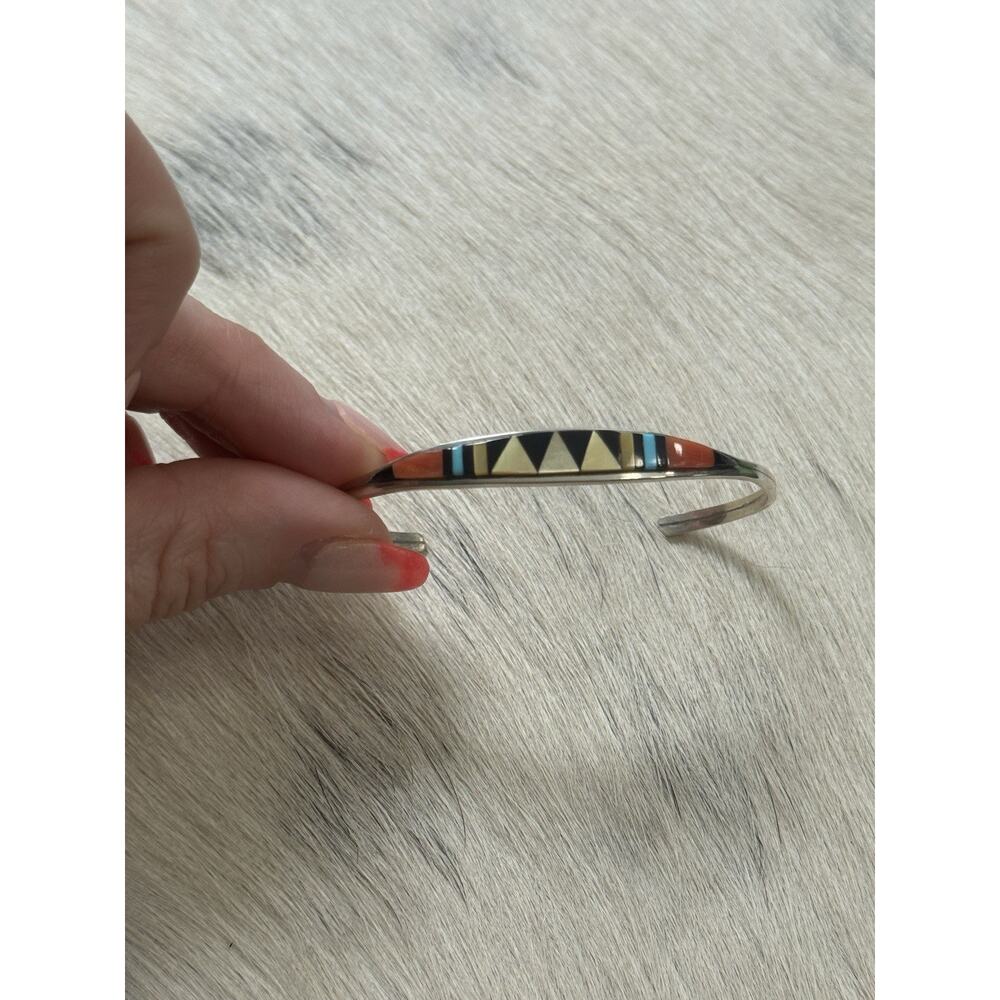 Vintage Sterling Silver Zuni Cena Inlaid Turquoise Onyx Coral Cuff Bracelet - Picture 8 of 8